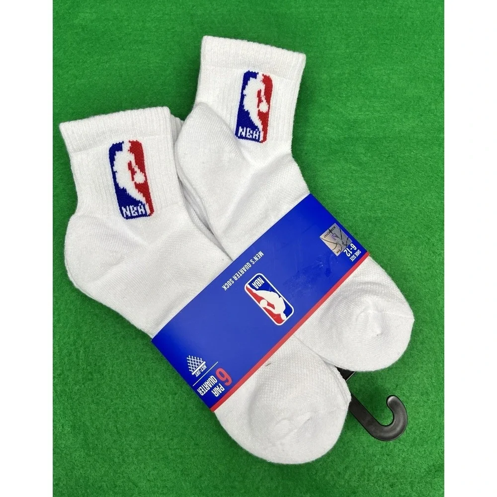 NBA Logo Basketball Men Quarter Socks 6 Pairs White  Shoe Size 6 - 12